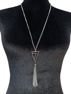 Silver Geometric Pendant Necklace With Tassel Detail 28 Inch Length Womens